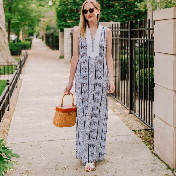 STS SAIL TO SABLE Column Notch Collar Sleeveless Maxi Dress Blue White Striped - Picture 14 of 15
